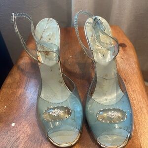 Light Blue Pearl-Embellished Slingback Heels